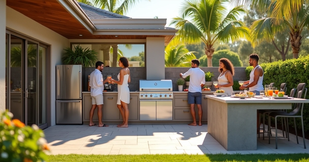 Family cooking together in outdoor kitchen in Florida 