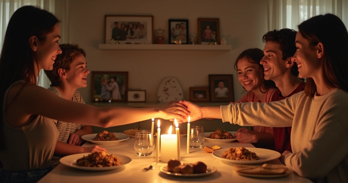 Family of four holding hands at the dinner table, candles lit, symbolizing unity 