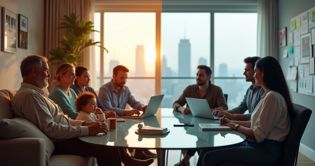Visual contrast between a family circle and a business team in a modern office 