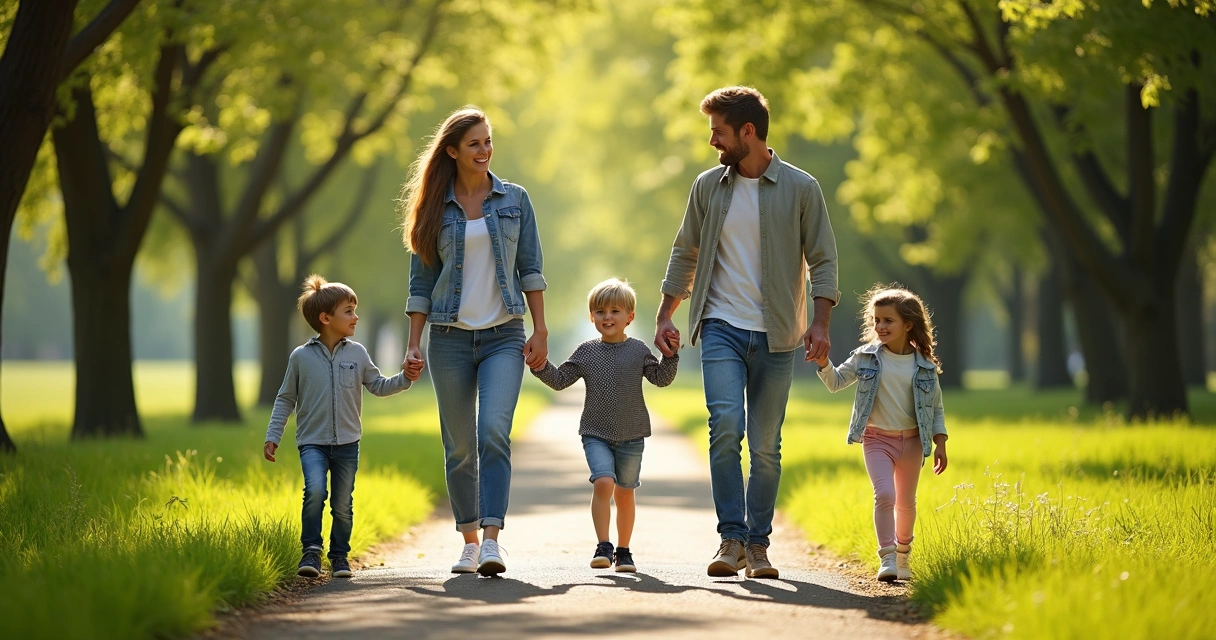 Family walking hand in hand through a park, smiling, enjoying the moment together 
