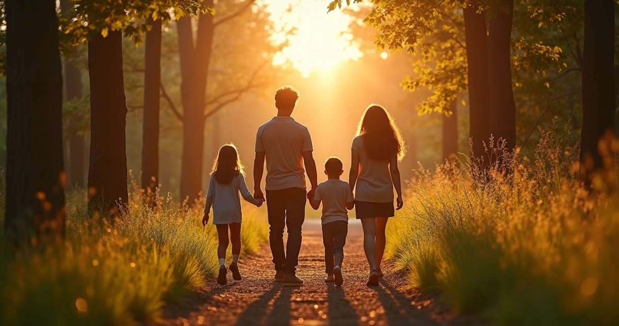 Family walking along forest trail at sunset. 
