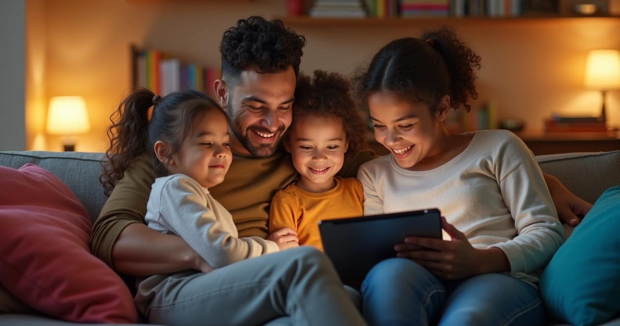 Family with two children watching tablet together on sofa
