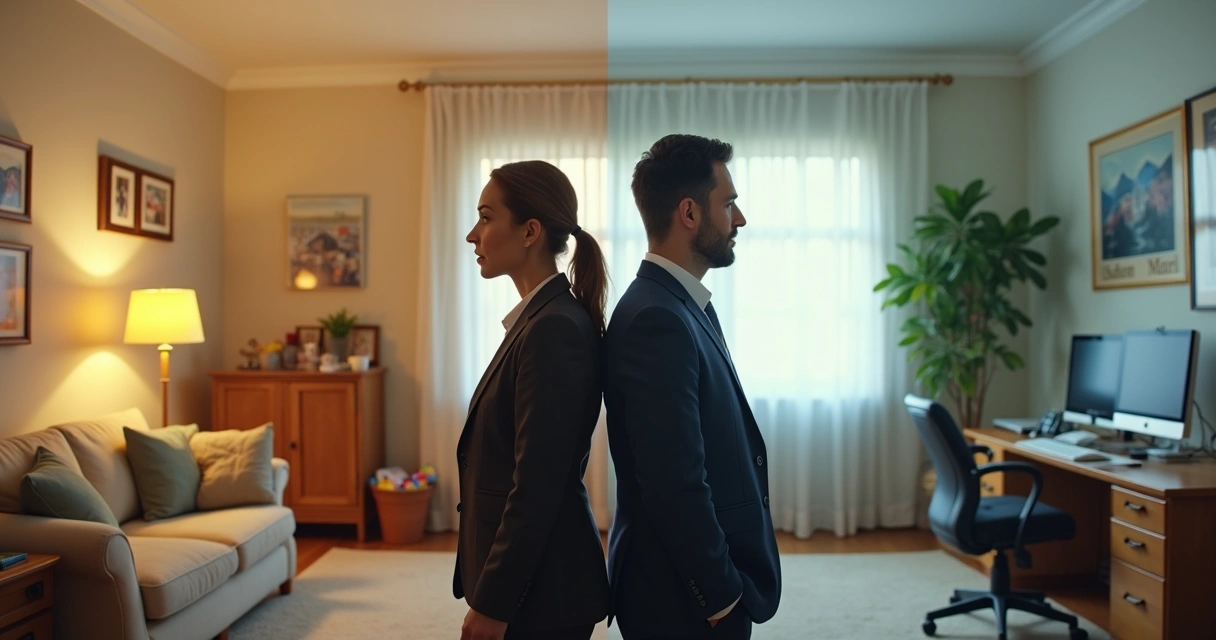 Two people in business attire standing with their backs to each other, with one side showing a cozy home interior and the other a professional office workspace. 