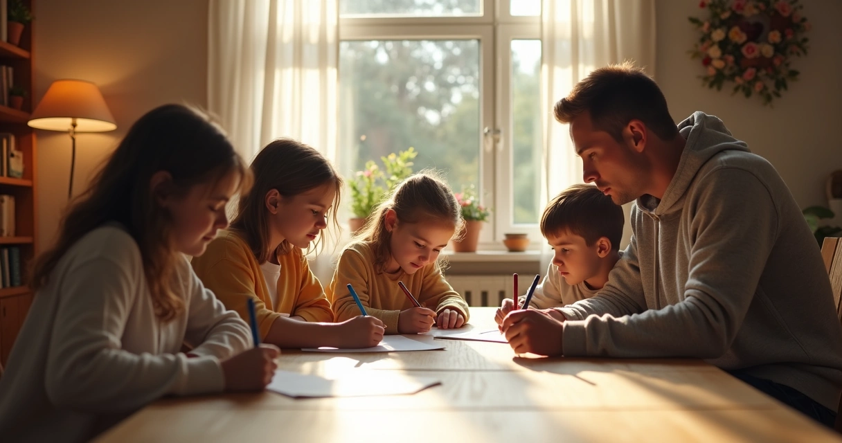 Family writing intentions together on paper 