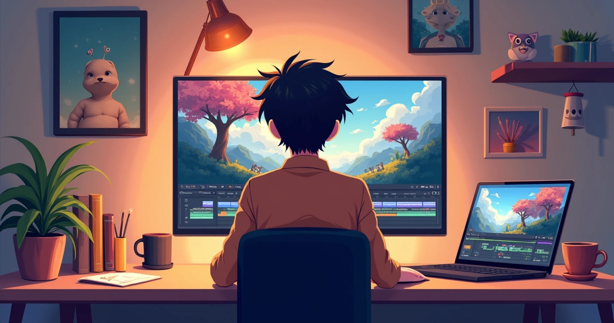 Pessoa de costas editando vídeo de anime em computador em quarto com pôsteres de animes