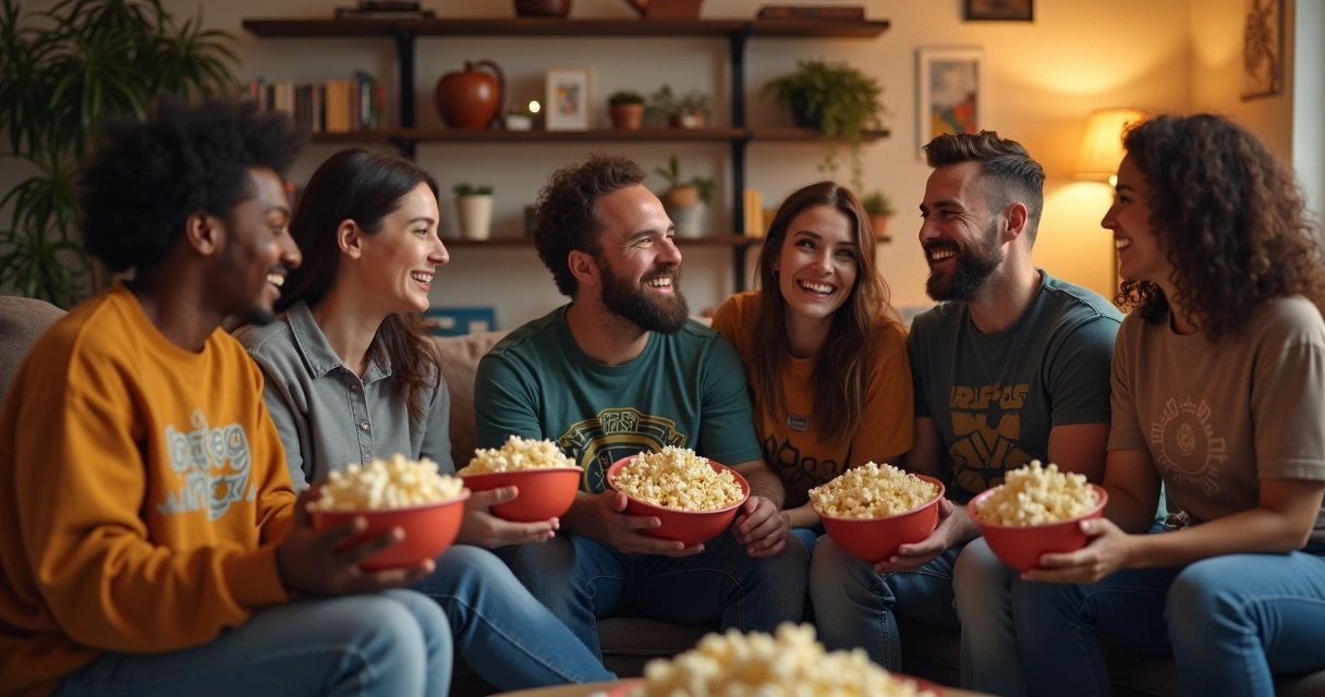Grupo de amigos reunidos sorrindo compartilhando hobbies.
