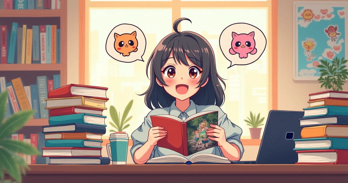 Fã de anime cercado por romances ilustrados e mangás 