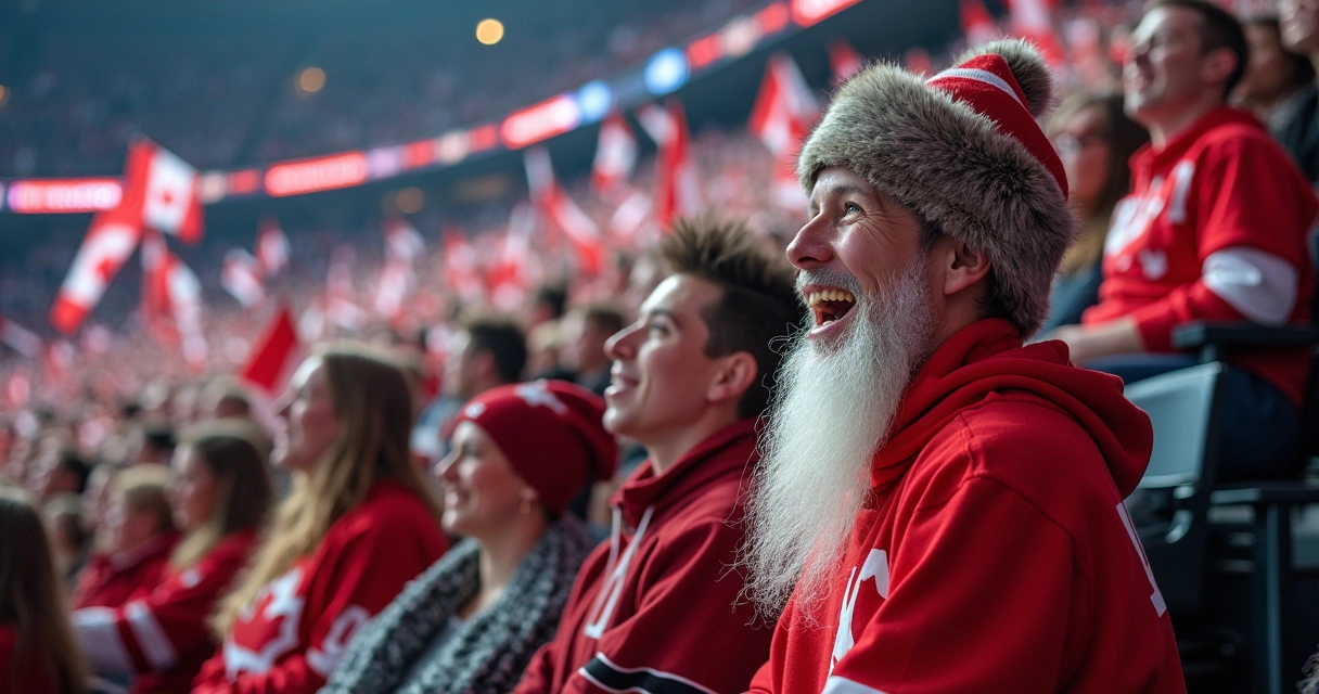 Torcida animada em uma arquibancada segurando bandeiras do Canadá e coreografias que lembram hóquei e patinação artística 