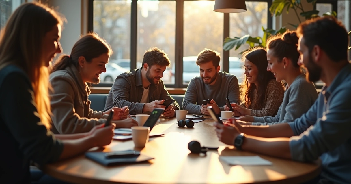 Grupo de jovens ouvindo música e discutindo lançamentos musicais em mesa com smartphones 