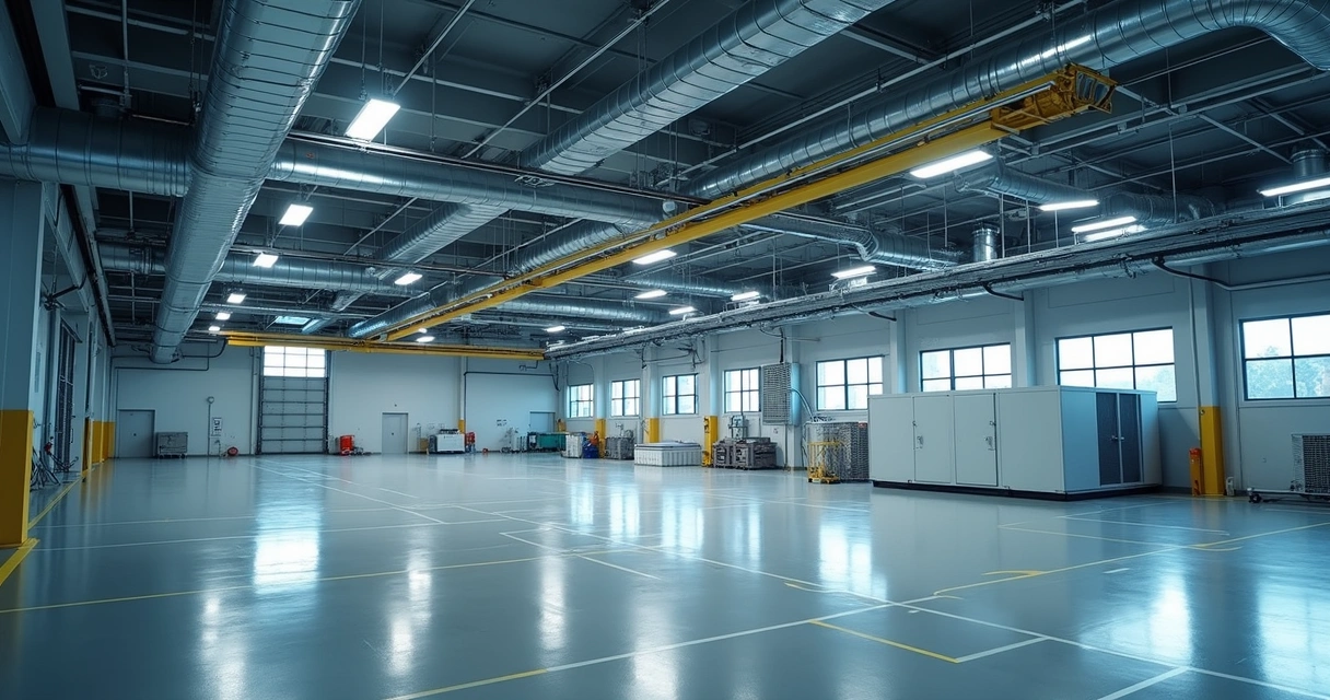 Fancoil instalado em ambiente industrial com dutos e chiller ao fundo. 