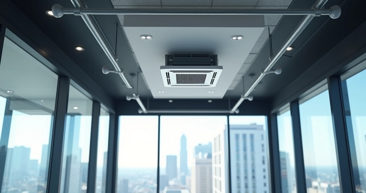 Fancoil cassete instalado ao teto em ambiente comercial 