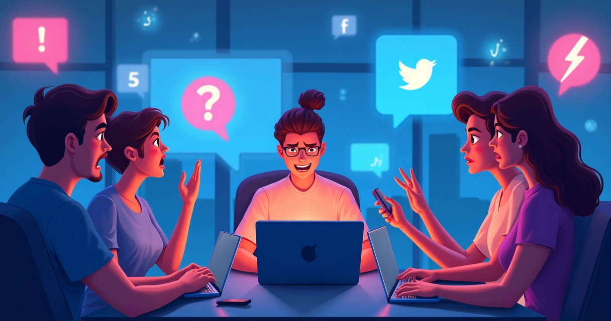 Grupo em discussão acalorada sobre entretenimento em fórum virtual.