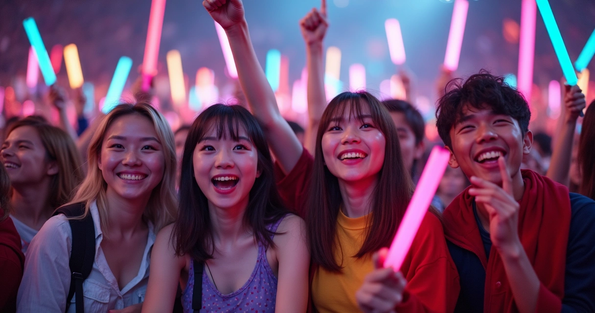 Fans de K-pop con banderas internacionales y lightsticks coloridos 