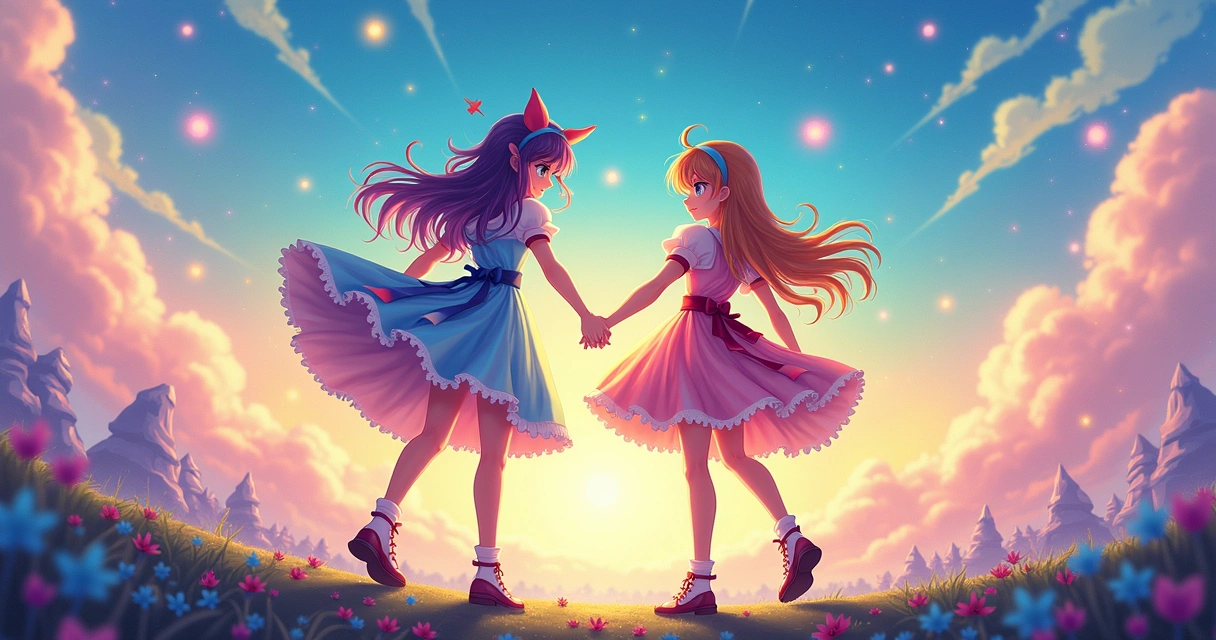 Duas garotas em cenário de fantasia com cores vivas 