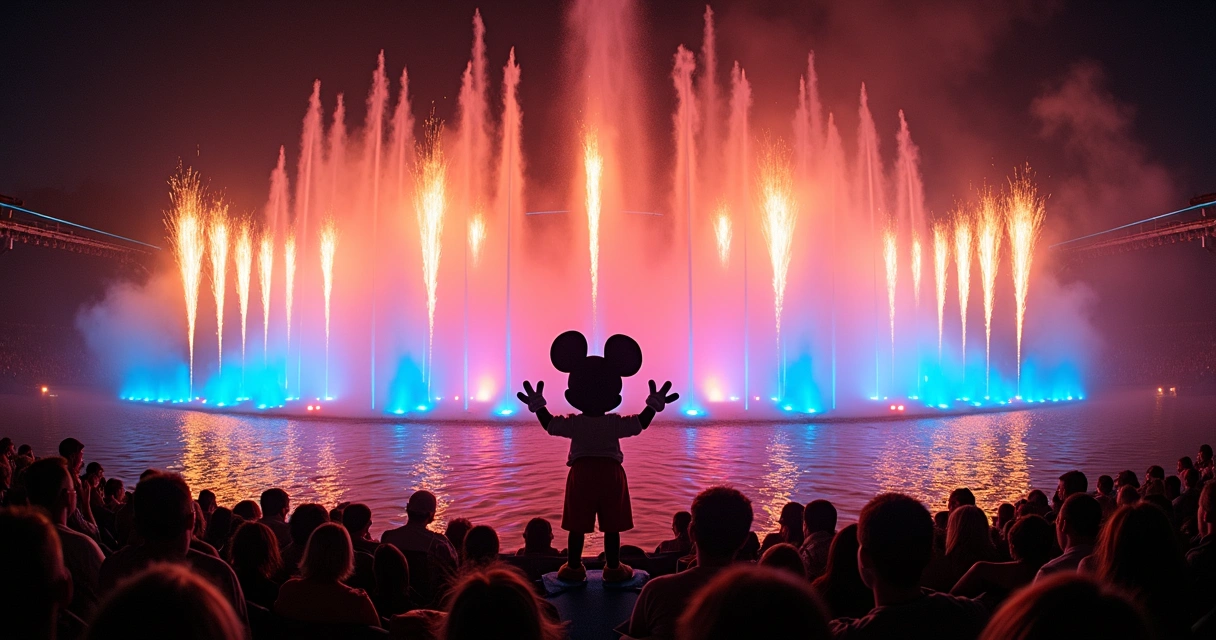 Fantasmic show noturno no Hollywood Studios com fogos, Mickey e efeitos aquáticos 