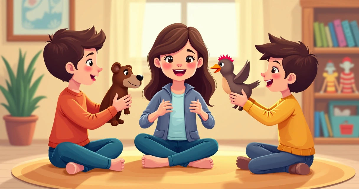 Crianças sentadas em círculo brincando com fantoches e terapeuta ao centro 