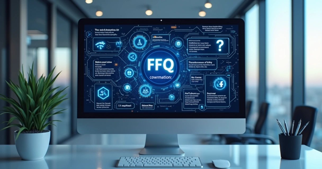 Tela de computador exibindo uma FAQ sobre automação e inteligência artificial com gráficos e ícones digitais ao redor 
