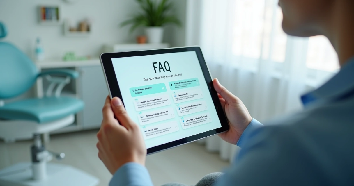 Paciente segura tablet com página de FAQ de clínica odontológica aberta 