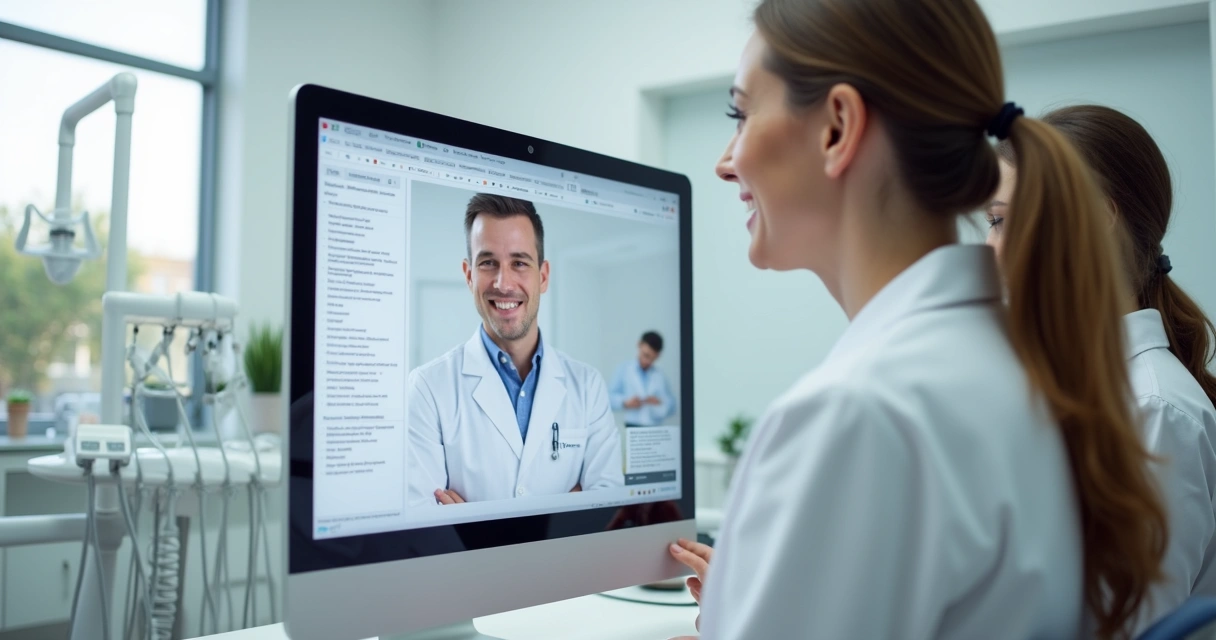 Equipe de consultório odontológico sorrindo ao computador com tela de FAQ