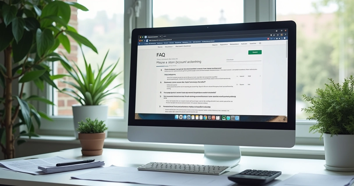 Mesa de escritório contábil com computador mostrando página de FAQ
