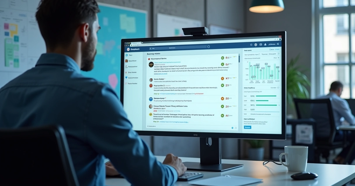 Ambiente de escritório mostrando tela com IA respondendo dúvidas frequentes