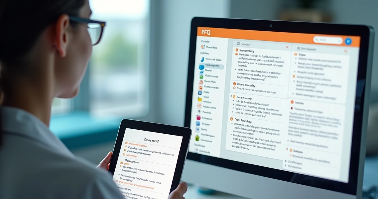 Usuário navegando em uma FAQ interativa em tablet. 