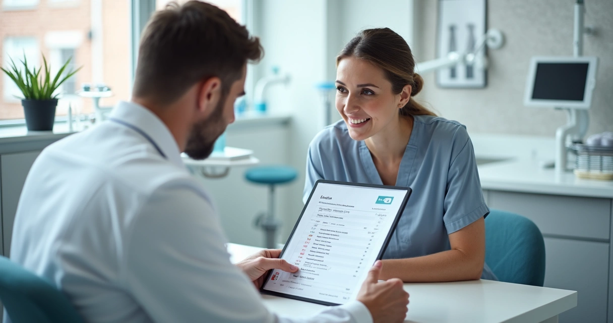 Dentista mostrando planilha de valores ao paciente em clínica moderna