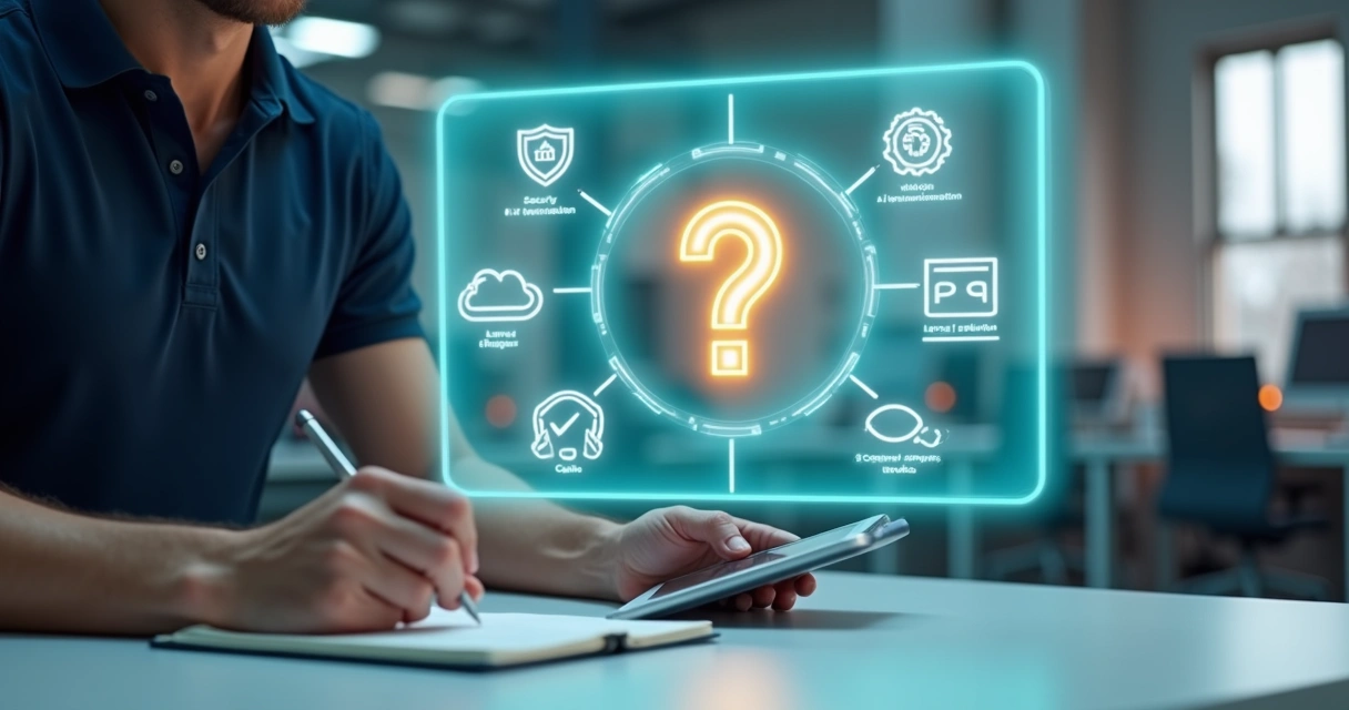 Painel digital com ícones de dúvidas frequentes sobre manutenção industrial e uso do Prelix 