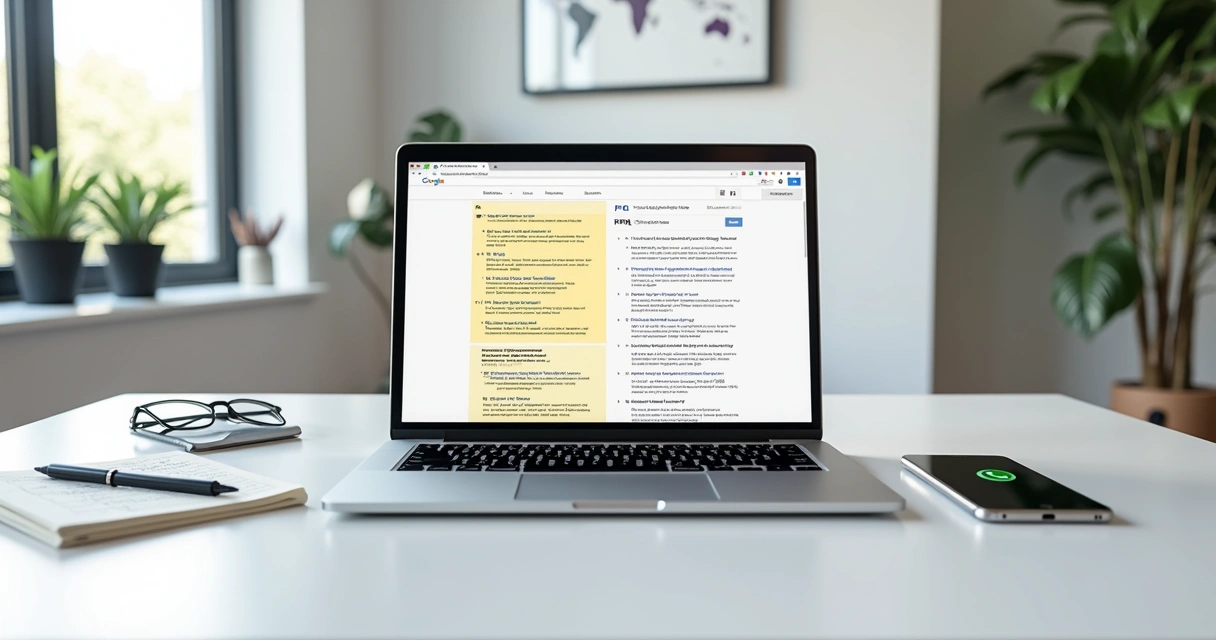 Tela de notebook mostrando códigos de FAQ schema e resultados em destaque no Google 