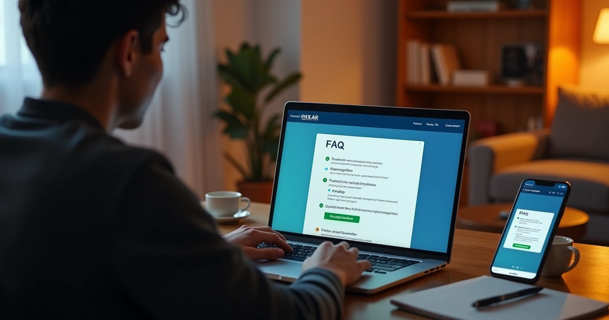 Paciente navega em FAQ clara de clínica odontológica no notebook 