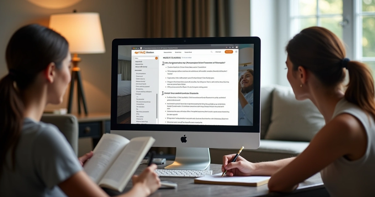Tela do computador exibindo página de FAQ de hotel, com perguntas e respostas objetivas, hóspedes lendo e anotando. 
