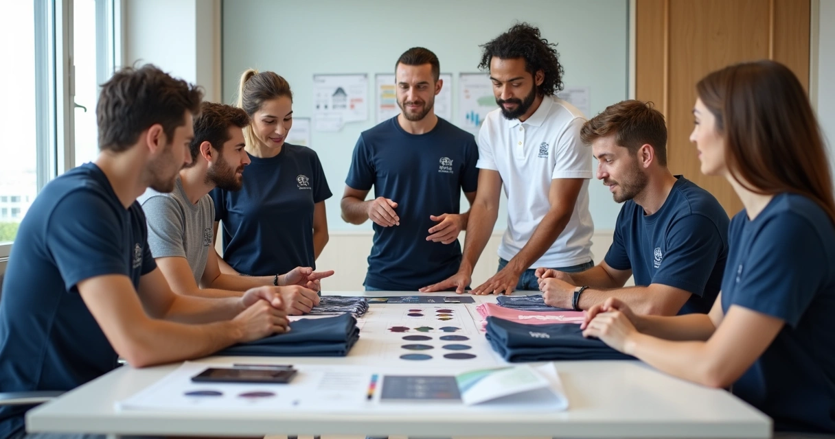 Colaboradores sentados em ambiente de escritório moderno usando camisetas de fardamento padronizadas 