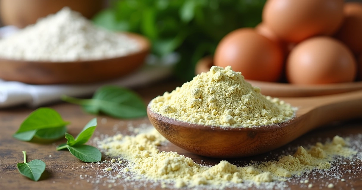 Moringa em pó em colher de madeira sobre bancada ao lado de ingredientes para panificação
