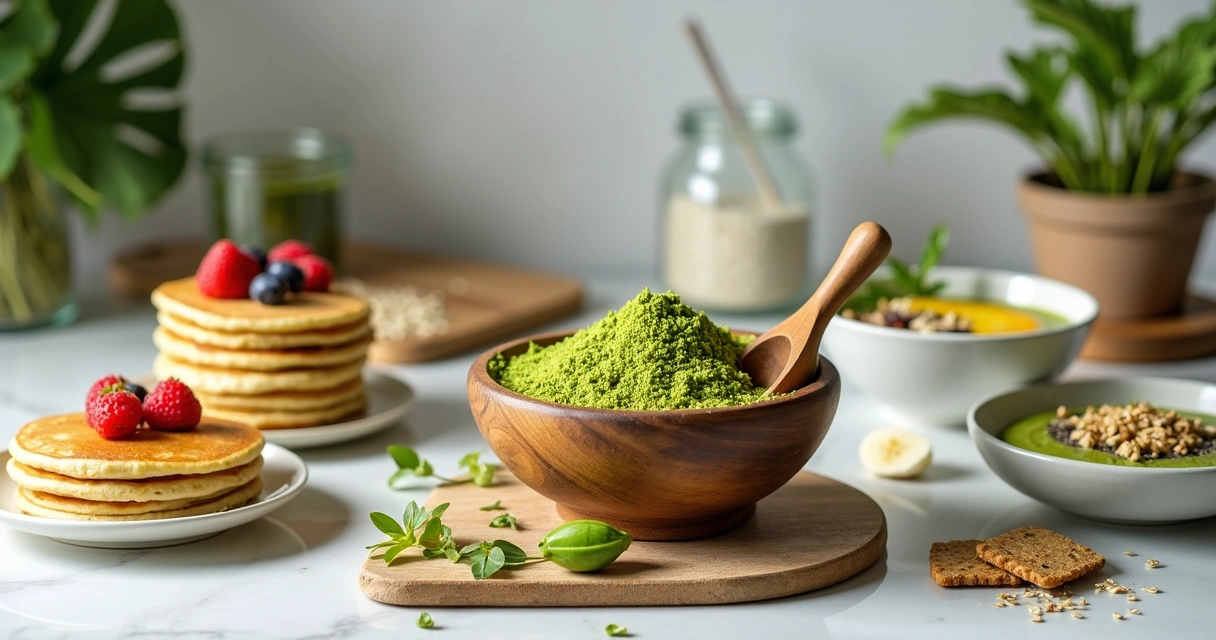 Farinha de moringa em tigela de madeira ao lado de pratos funcionais coloridos 