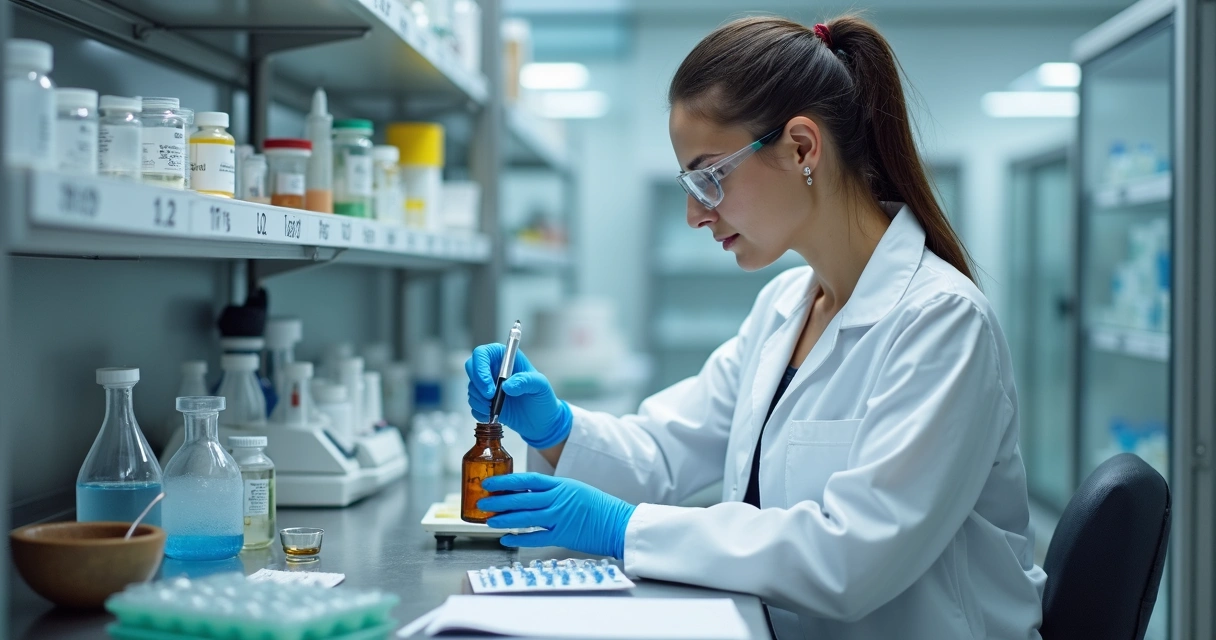 Farmacêutica em laboratório manipulando fórmula líquida com micropipeta 