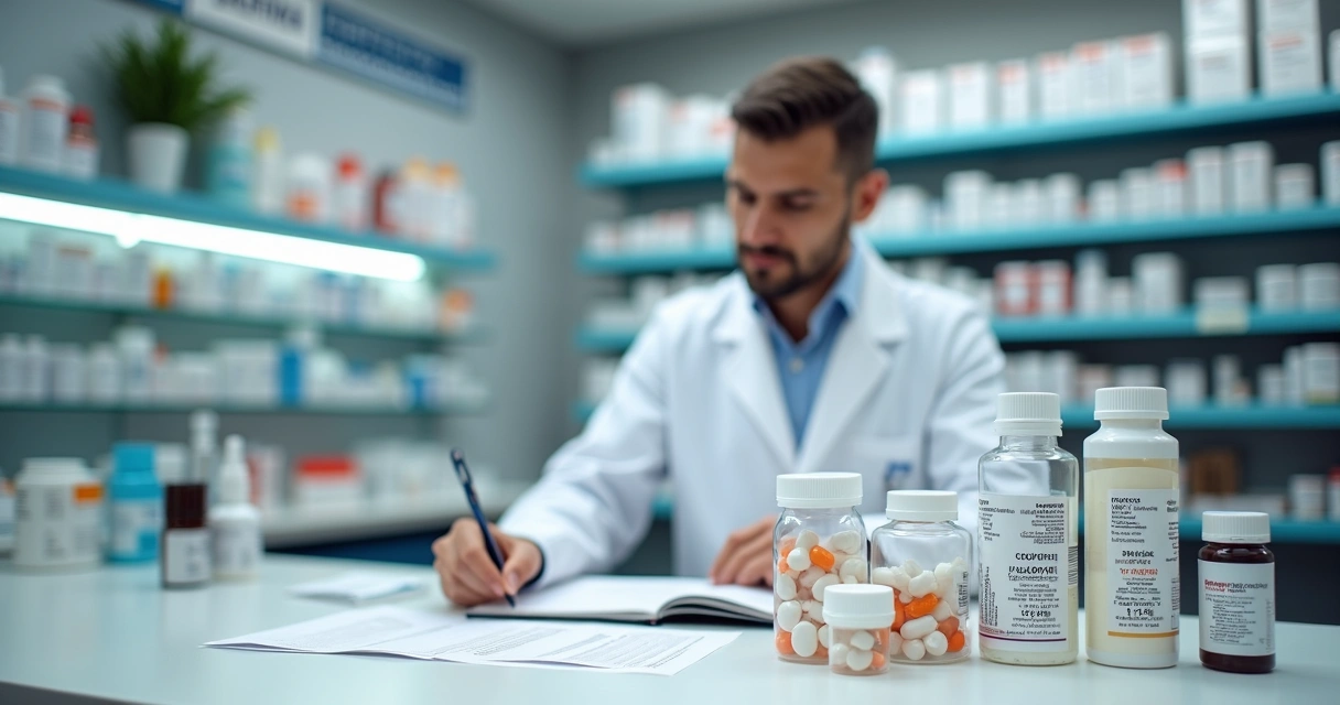 Balcão de farmácia de manipulação com frascos de medicamentos, tabela de preços e farmacêutica atendendo cliente 