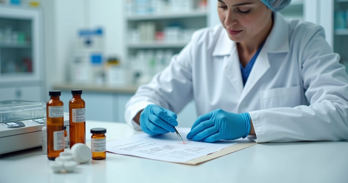 Farmacêutica revisando fórmula infantil em bancada limpa