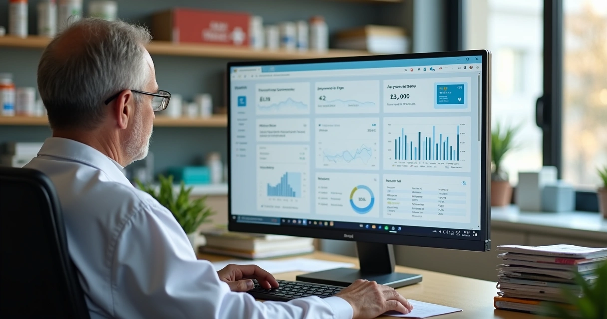 Farmacêutico analisa tela de computador com painel financeiro automatizado 