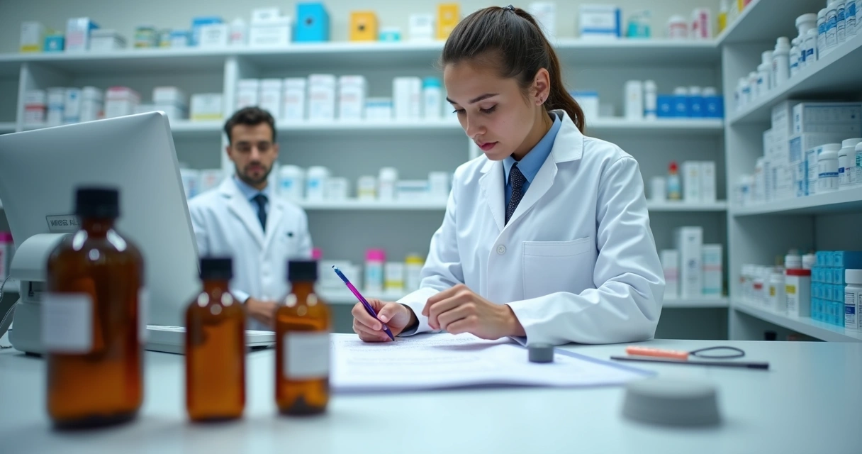Farmacêutico analisando receita em bancada 