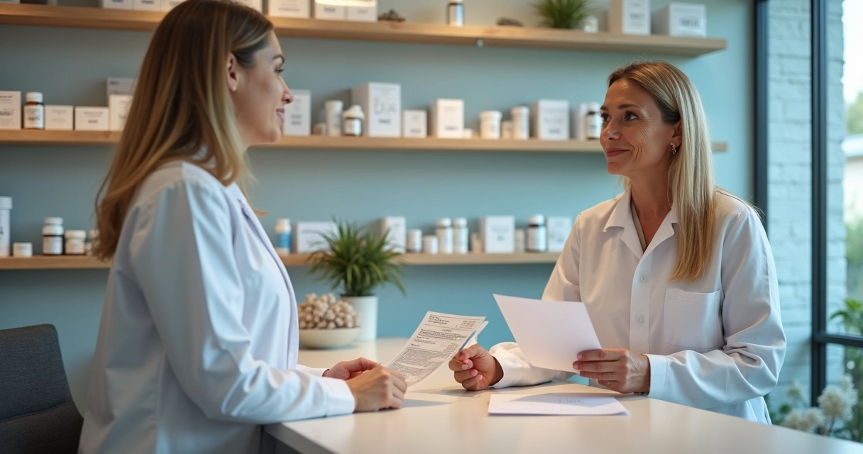 Farmacêutico explicando remédio manipulado para cliente em balcão 
