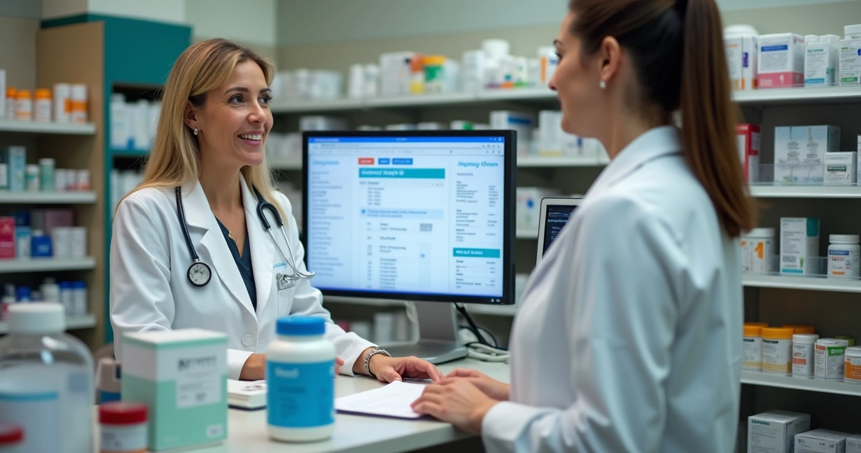 Farmacêutico explicando PBM para cliente no balcão 