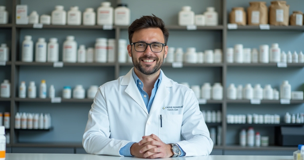 Farmacêutico atende cliente em farmácia de manipulação 