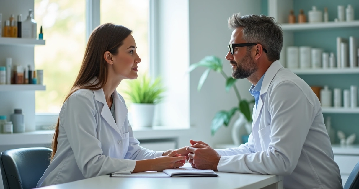 Farmacêutico explicando dermocosméticos manipulados para paciente 