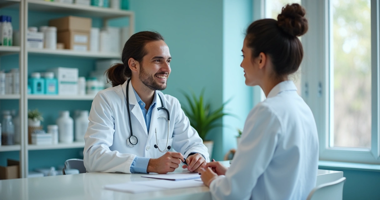 Farmacêutico atende mulher dentro de farmácia de manipulação