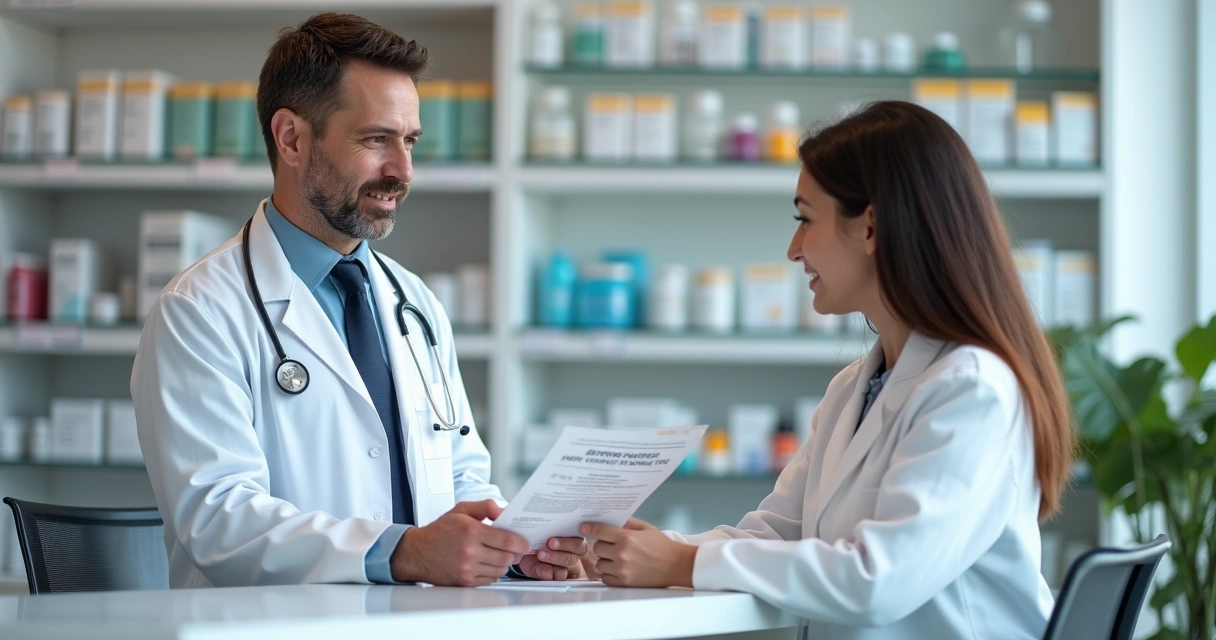 Farmacêutico atendendo paciente em balcão com folheto de explicação sobre remédio manipulado