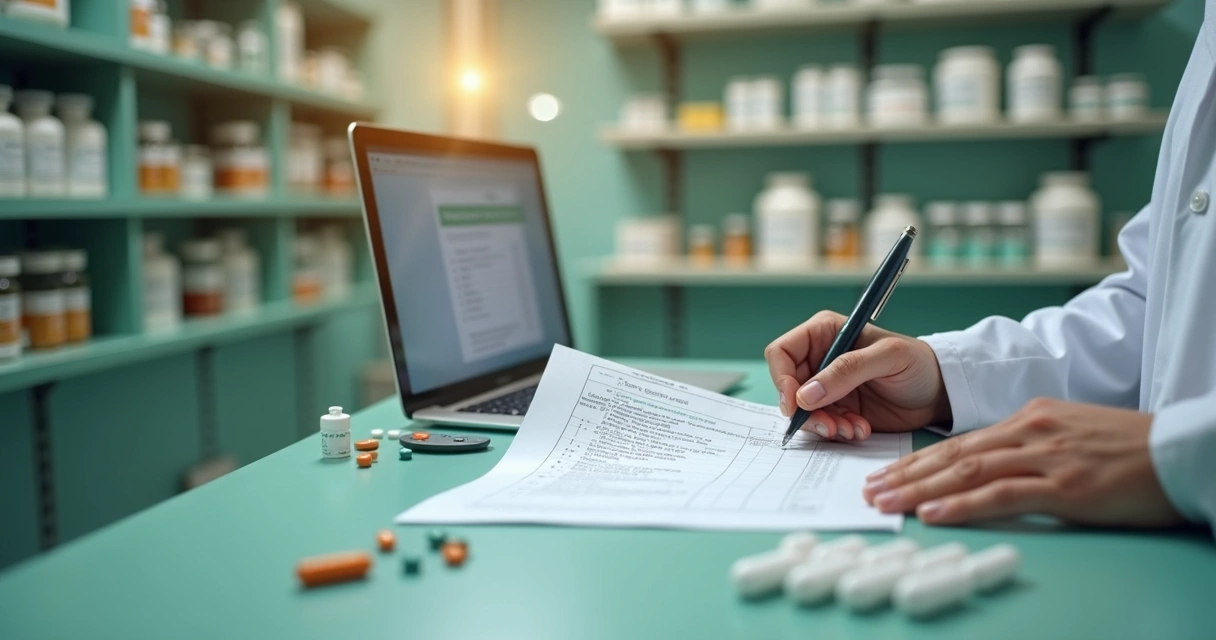 Farmacêutico avaliando receita em farmácia de manipulação 