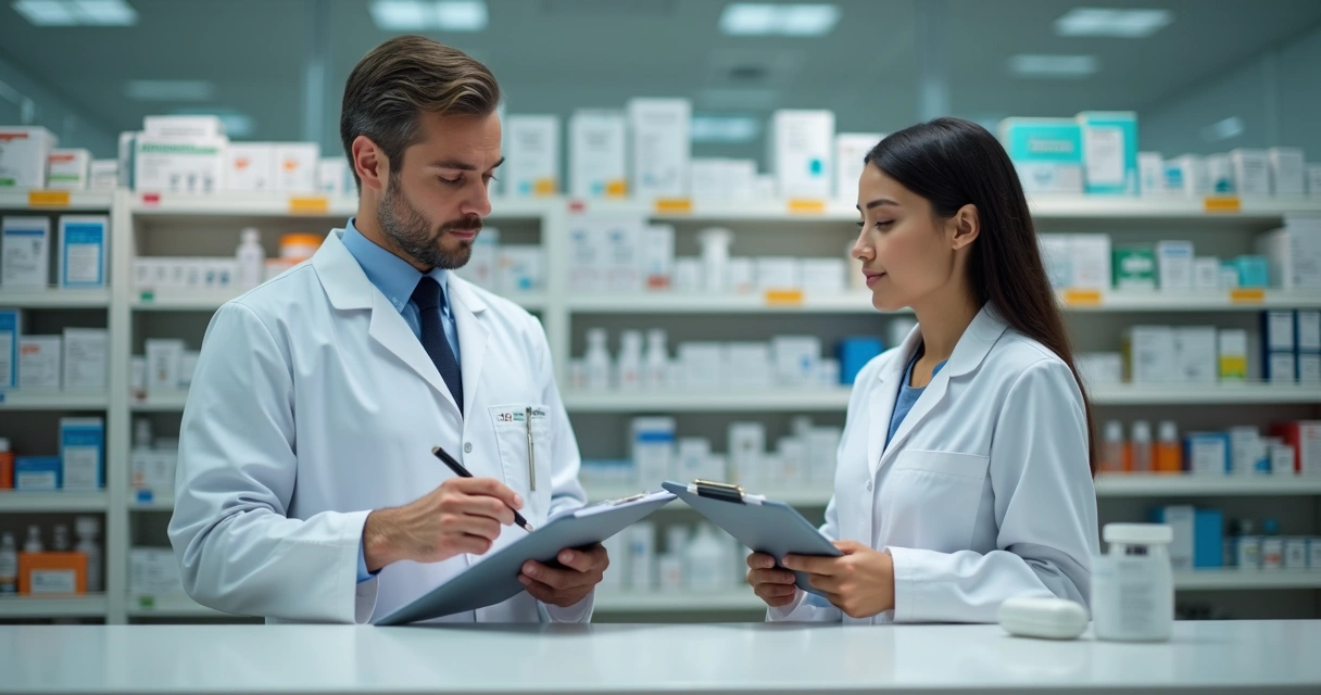Farmacêutico conferindo medicamentos no balcão da farmácia 
