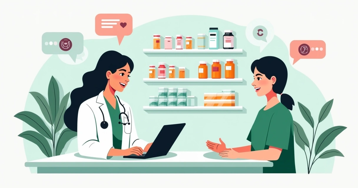 Farmacêutico usando tablet com chatbot ao lado 