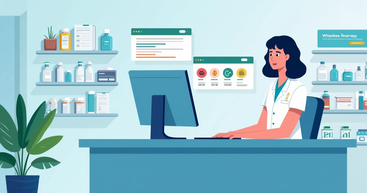 Farmacêutico usando computador para enviar mensagens automáticas no WhatsApp 
