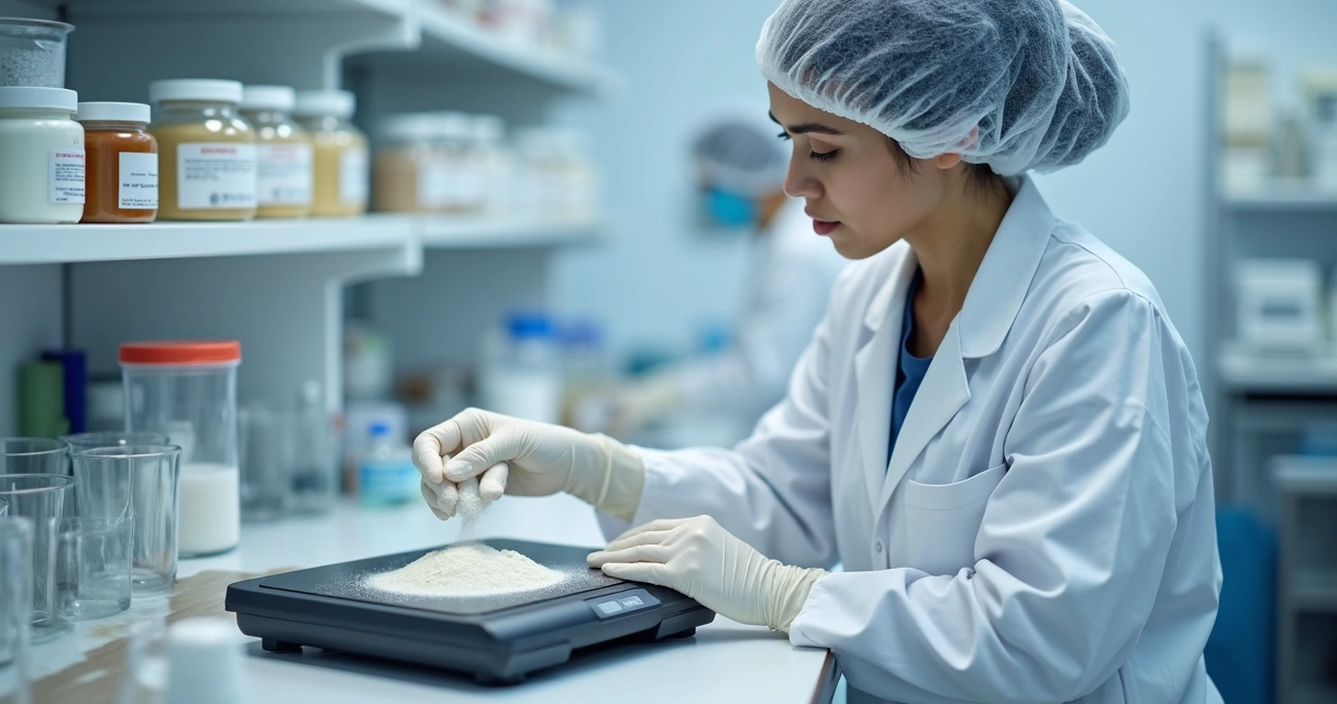 Farmacêutico preparando fórmula de adoçante em laboratório 